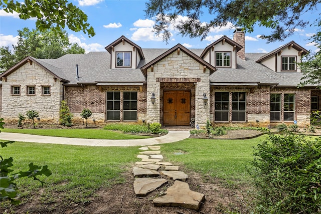 5100 Swisher Rd, Denton, TX 76208 - view of front facade featuring stone siding, a chimney, roof with shingles, and a front lawn