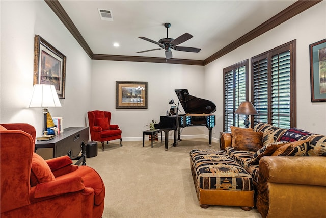 5100 Swisher Rd, Denton, TX 76208 - living room with ornamental molding, carpet floors, ceiling fan, and baseboards