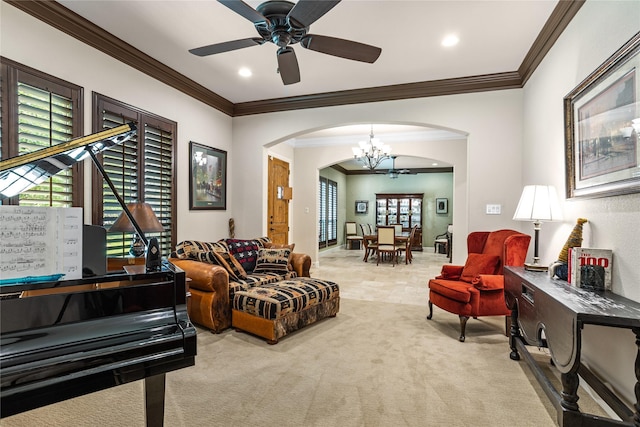 5100 Swisher Rd, Denton, TX 76208 - living area featuring arched walkways, a chandelier, crown molding, carpet, and a ceiling fan