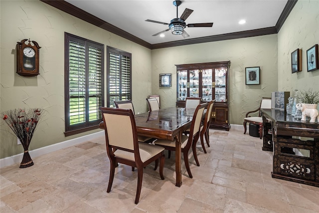 5100 Swisher Rd, Denton, TX 76208 - dining room with ornamental molding, stone tile floors, a ceiling fan, baseboards, and a textured wall