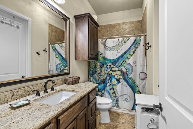 5100 Swisher Rd, Denton, TX 76208 - full bath featuring vanity, toilet, a shower with curtain, and tile patterned floors