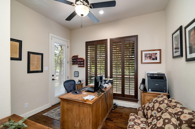 5100 Swisher Rd, Denton, TX 76208 - office with dark wood-style floors, a ceiling fan, and baseboards