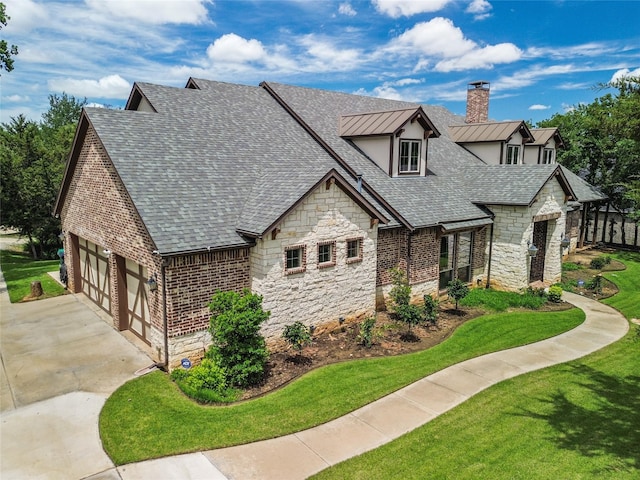 5100 Swisher Rd, Denton, TX 76208 - view of front of house featuring stone siding, a chimney, a shingled roof, driveway, and a front yard