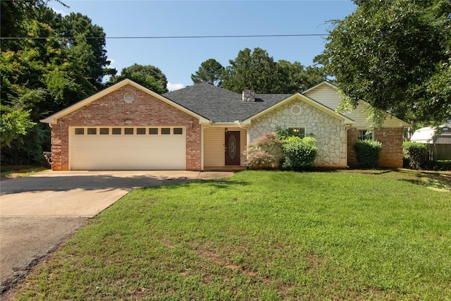10763 Nix Ln, Whitehouse, TX 75791 - ranch-style house with a garage, a front lawn, concrete driveway, and stone siding