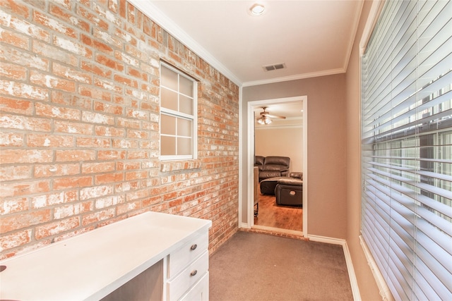 10763 Nix Ln, Whitehouse, TX 75791 - unfurnished office with crown molding, light colored carpet, a ceiling fan, brick wall, and baseboards