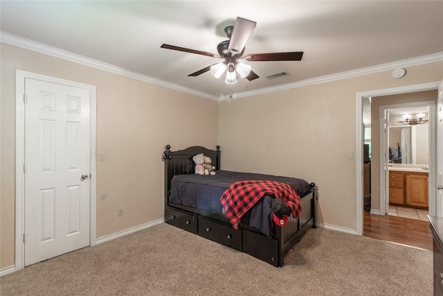 10763 Nix Ln, Whitehouse, TX 75791 - bedroom with light colored carpet, ornamental molding, baseboards, and a ceiling fan