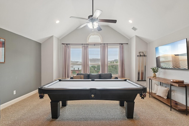 4158 Benchmark Ln, Frisco, TX 75034 - game room with ceiling fan, carpet, pool table, vaulted ceiling, and baseboards