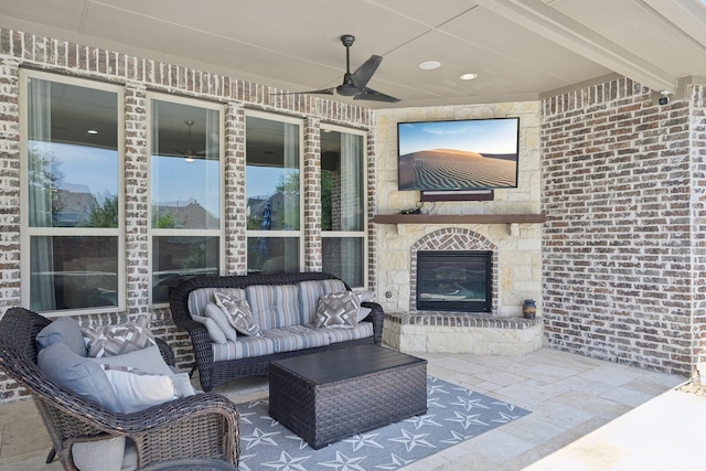 4158 Benchmark Ln, Frisco, TX 75034 - view of patio featuring an outdoor living space with a fireplace and a ceiling fan