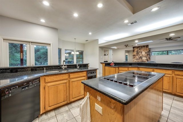 2308 Aberdeen Bnd, Carrollton, TX 75007 - kitchen featuring black appliances, light tile patterned flooring, recessed lighting, a kitchen island, and a ceiling fan
