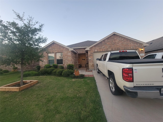 3400 Quiet Valley Rd, Fort Worth, TX 76123 - view of front of house with an attached garage, a front yard, brick siding, and concrete driveway