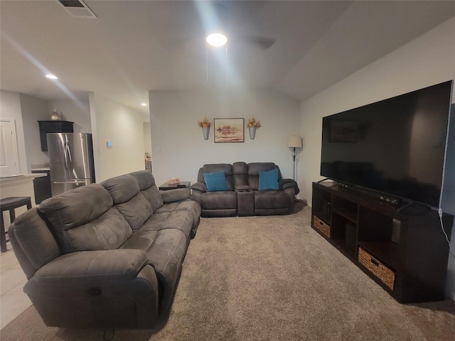 3400 Quiet Valley Rd, Fort Worth, TX 76123 - living area featuring recessed lighting, light colored carpet, vaulted ceiling, and a ceiling fan