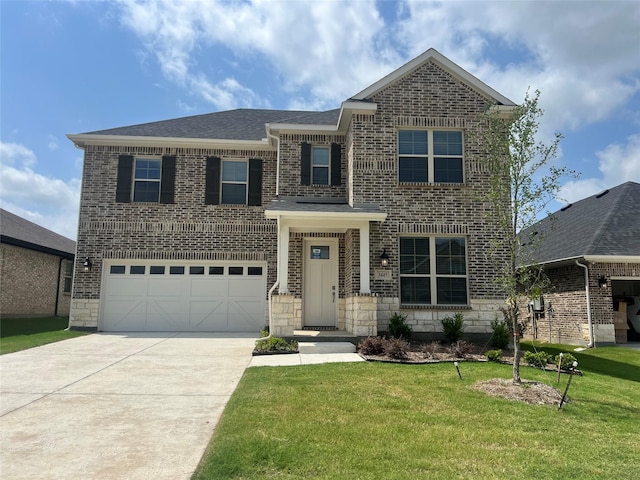 3445 Cross Shore Dr, Anna, TX 75409 - view of front facade featuring driveway, a front yard, a garage, and brick siding