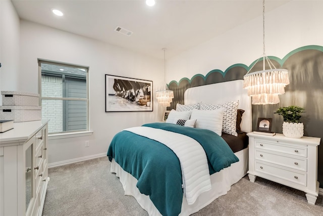 3445 Cross Shore Dr, Anna, TX 75409 - bedroom with light carpet, a chandelier, baseboards, and recessed lighting