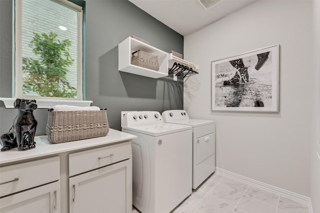 3445 Cross Shore Dr, Anna, TX 75409 - laundry room featuring separate washer and dryer, light marble finish floors, baseboards, and cabinet space