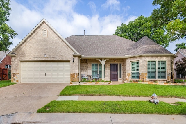 1908 Thompson Ct, Flower Mound, TX 75028 - view of front of home featuring brick siding, a front yard, concrete driveway, a garage, and roof with shingles