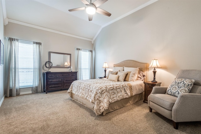 1908 Thompson Ct, Flower Mound, TX 75028 - bedroom with ornamental molding, vaulted ceiling, carpet floors, and a ceiling fan