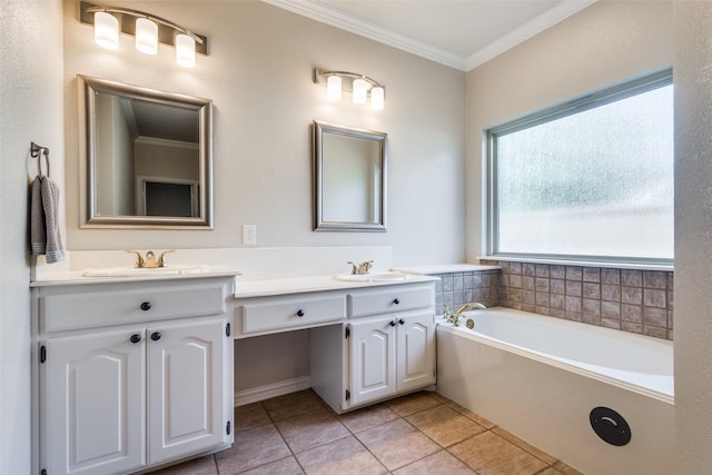 1908 Thompson Ct, Flower Mound, TX 75028 - full bath featuring double vanity, a garden tub, tile patterned floors, and ornamental molding