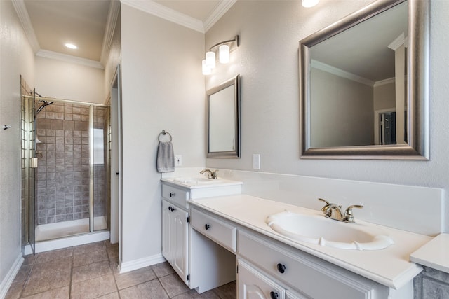 1908 Thompson Ct, Flower Mound, TX 75028 - full bathroom featuring double vanity, a shower stall, ornamental molding, and tile patterned flooring