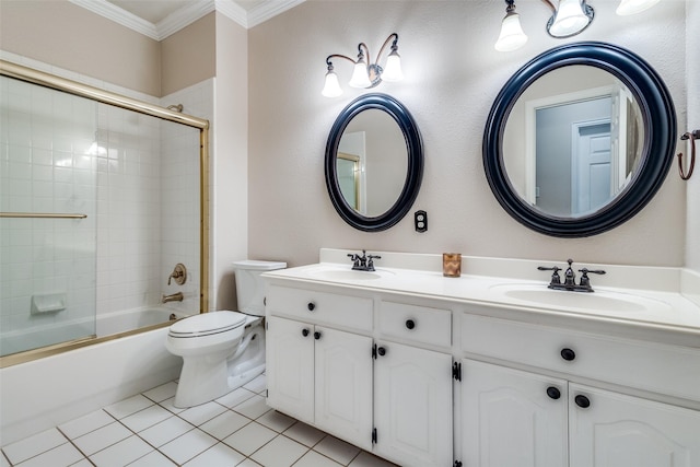 1908 Thompson Ct, Flower Mound, TX 75028 - full bathroom featuring crown molding, double vanity, shower / bath combination with glass door, and tile patterned flooring