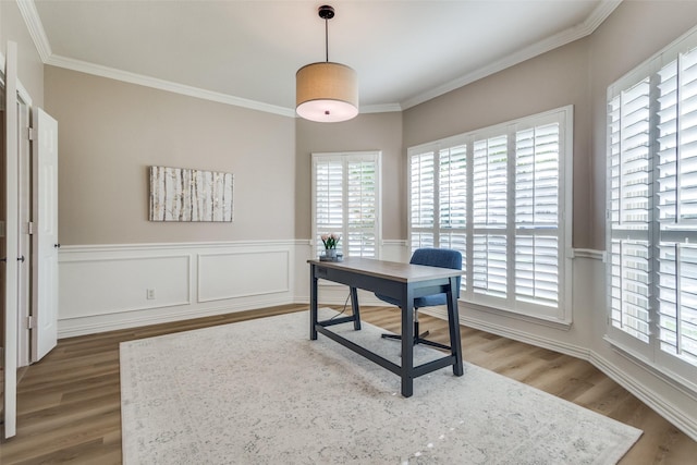 1908 Thompson Ct, Flower Mound, TX 75028 - home office with wood finished floors, ornamental molding, healthy amount of natural light, and a wainscoted wall