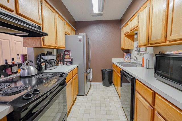 675 Harbor Dr N, Azle, TX 76020 - kitchen featuring black appliances, a sink, under cabinet range hood, light countertops, and light brown cabinetry