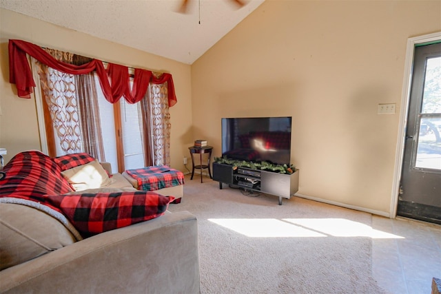 675 Harbor Dr N, Azle, TX 76020 - carpeted living area with a ceiling fan and lofted ceiling