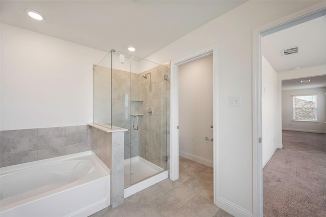 4224 Wood River Trl, Prosper, TX 75078 - full bathroom with a stall shower, a bath, baseboards, tile patterned floors, and recessed lighting