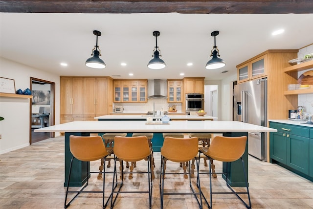 8608 Funtier Ct, Fort Worth, TX 76179 - kitchen with high quality fridge, wall chimney range hood, open shelves, a center island, and light countertops