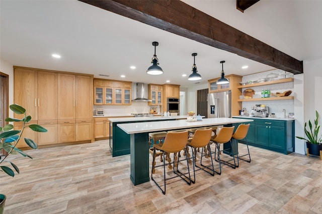 8608 Funtier Ct, Fort Worth, TX 76179 - kitchen with wall chimney exhaust hood, appliances with stainless steel finishes, a center island, recessed lighting, and open shelves