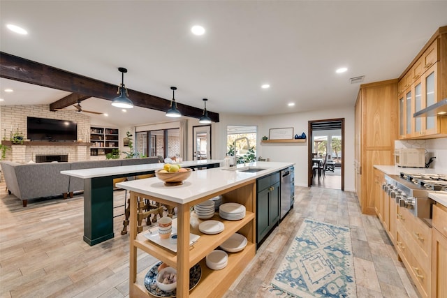 8608 Funtier Ct, Fort Worth, TX 76179 - kitchen featuring stainless steel appliances, a sink, a kitchen island with sink, light countertops, and recessed lighting