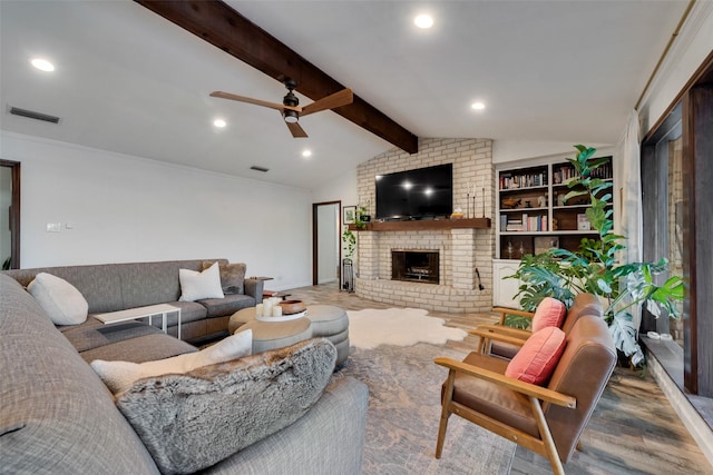 8608 Funtier Ct, Fort Worth, TX 76179 - living room featuring a ceiling fan, a brick fireplace, and recessed lighting