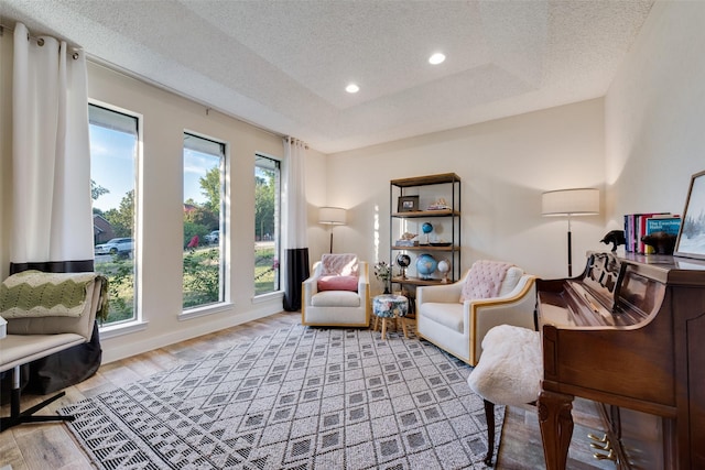 8608 Funtier Ct, Fort Worth, TX 76179 - living area featuring a textured ceiling, light wood finished floors, recessed lighting, and a tray ceiling