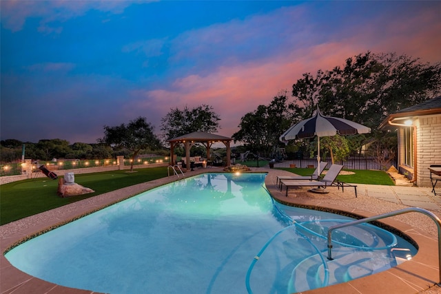 8608 Funtier Ct, Fort Worth, TX 76179 - view of swimming pool with a gazebo, an area to practice putting, and a patio