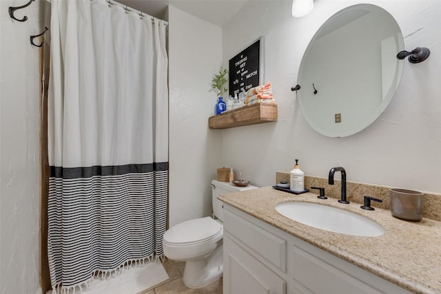 8608 Funtier Ct, Fort Worth, TX 76179 - full bathroom featuring toilet, vanity, a shower with shower curtain, and tile patterned floors