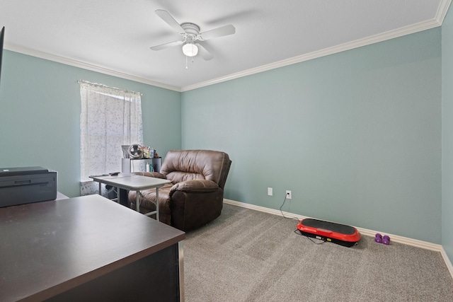 2600 Dave Angel Rd, Burleson, TX 76028 - office featuring crown molding, a ceiling fan, and carpet