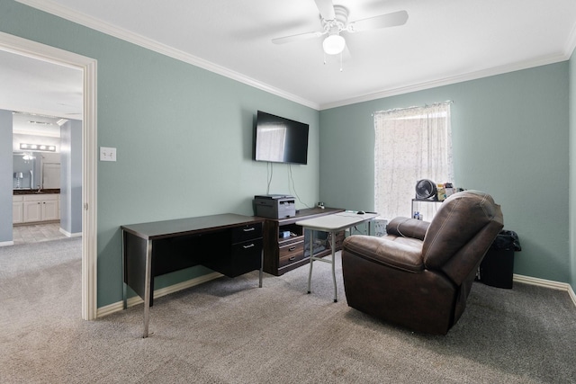 2600 Dave Angel Rd, Burleson, TX 76028 - living room with carpet flooring, a ceiling fan, and ornamental molding
