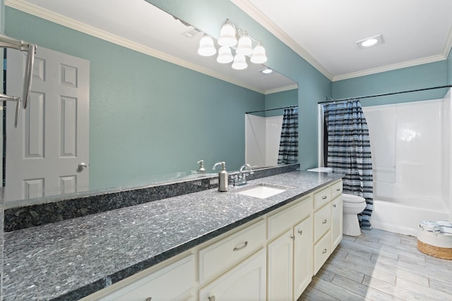 2600 Dave Angel Rd, Burleson, TX 76028 - bathroom featuring vanity, shower / bath combination with curtain, ornamental molding, and a chandelier