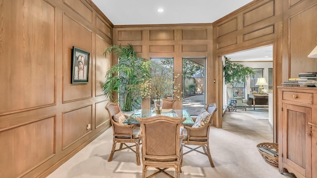 4708 Shady Ridge Ct, Fort Worth, TX 76109 - dining space featuring a decorative wall, recessed lighting, and crown molding