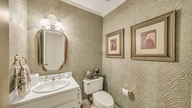 4708 Shady Ridge Ct, Fort Worth, TX 76109 - half bathroom with wallpapered walls, crown molding, toilet, a chandelier, and vanity