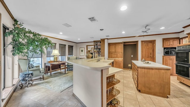 4708 Shady Ridge Ct, Fort Worth, TX 76109 - kitchen featuring crown molding, light countertops, open shelves, a sink, and a kitchen island