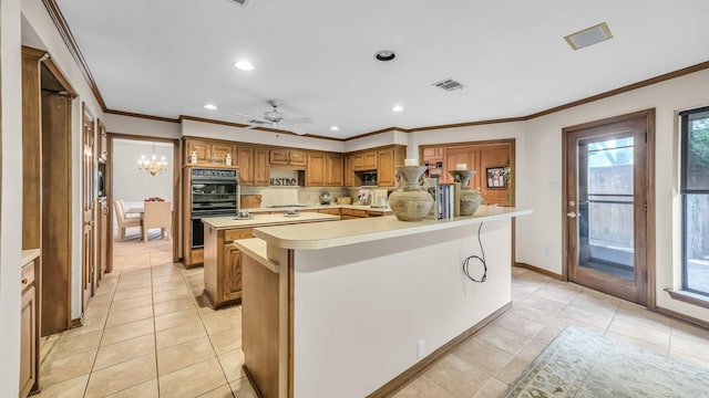 4708 Shady Ridge Ct, Fort Worth, TX 76109 - kitchen with light countertops, light tile patterned floors, ornamental molding, recessed lighting, and brown cabinets
