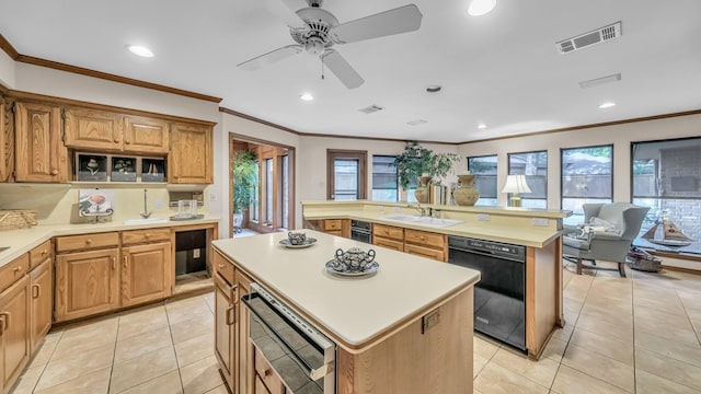 4708 Shady Ridge Ct, Fort Worth, TX 76109 - kitchen featuring black dishwasher, a center island, a sink, light countertops, and crown molding