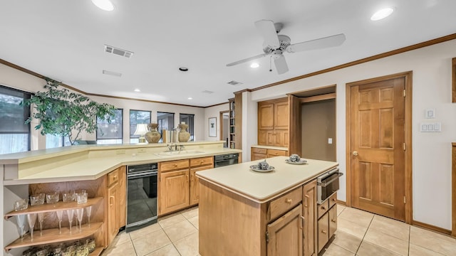 4708 Shady Ridge Ct, Fort Worth, TX 76109 - kitchen featuring a kitchen island, open shelves, crown molding, light countertops, and light tile patterned floors