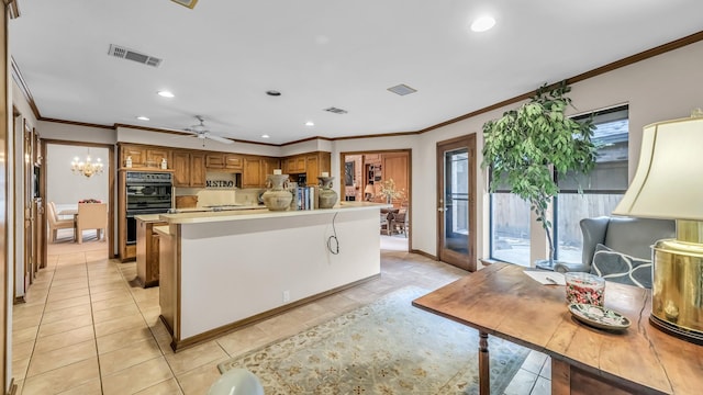4708 Shady Ridge Ct, Fort Worth, TX 76109 - kitchen featuring brown cabinetry, ornamental molding, recessed lighting, light tile patterned floors, and light countertops