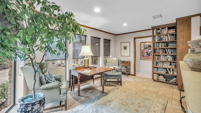 4708 Shady Ridge Ct, Fort Worth, TX 76109 - office space with crown molding, light tile patterned floors, recessed lighting, and baseboards