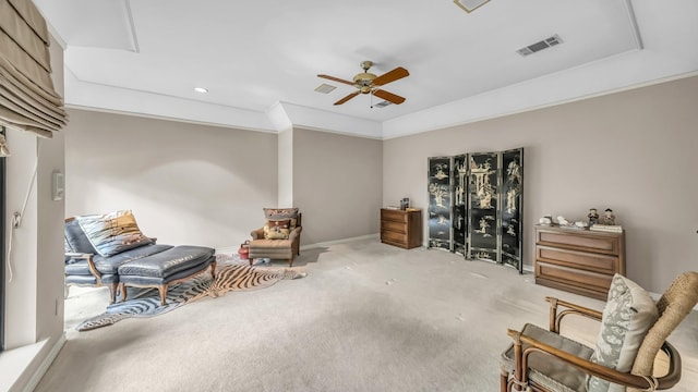 4708 Shady Ridge Ct, Fort Worth, TX 76109 - living area featuring ceiling fan, carpet flooring, recessed lighting, ornamental molding, and baseboards