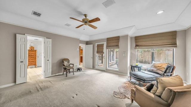4708 Shady Ridge Ct, Fort Worth, TX 76109 - carpeted living room featuring baseboards, ceiling fan, and recessed lighting