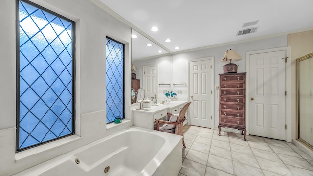 4708 Shady Ridge Ct, Fort Worth, TX 76109 - bathroom with a tub with jets, ornamental molding, recessed lighting, tile patterned floors, and a shower stall