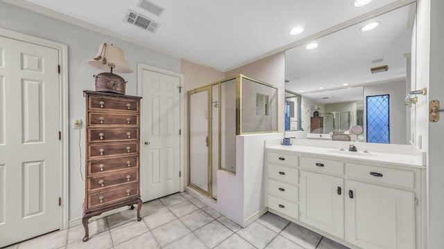 4708 Shady Ridge Ct, Fort Worth, TX 76109 - full bath with a stall shower, vanity, recessed lighting, tile patterned flooring, and baseboards