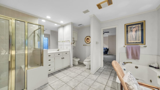 4708 Shady Ridge Ct, Fort Worth, TX 76109 - full bath featuring vanity, toilet, a stall shower, tile patterned floors, and a whirlpool tub